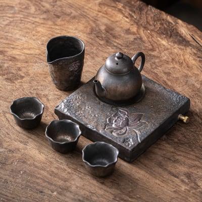 Japanisches Lotus-Birnen-Teekannen-Set - 6 Stück | Ein Topf und drei Tassen mit Tray