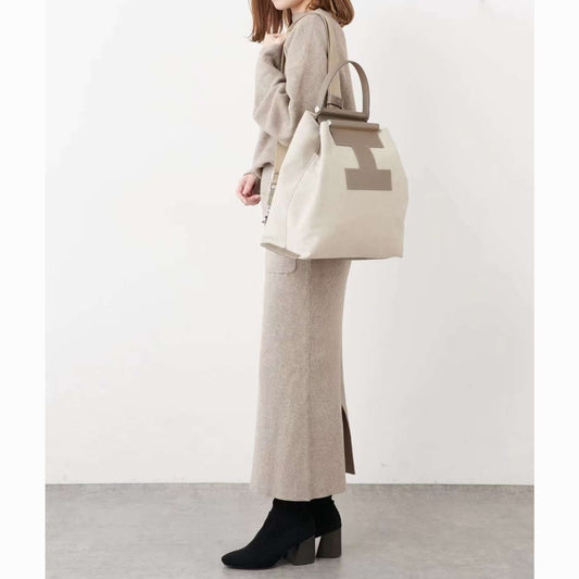 INA - Variety Tragetasche in Leder & Canvas Khaki