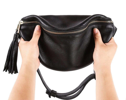Schwarz Top Grain Cow Leather Fanny Packung | Anti-Diebstahl-Körpertasche