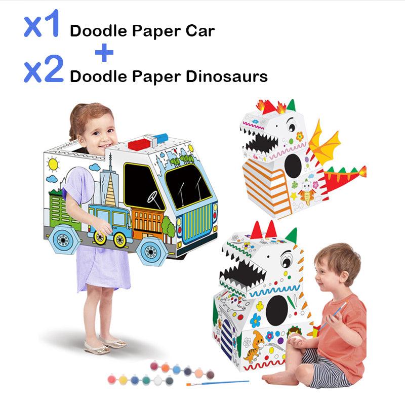 DIY 1 Karton Maler Auto + 2 Karton Maler Dinosaurier | Pädagogisches Papierspielzeug - 3er-Set