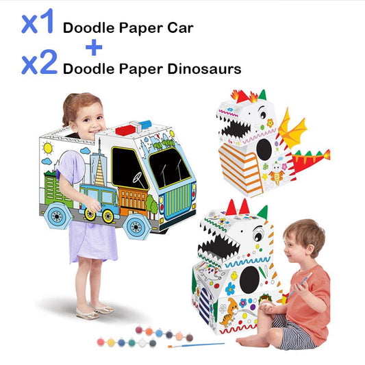 DIY 1 Karton Maler Auto + 2 Karton Maler Dinosaurier | Pädagogisches Papierspielzeug - 3er-Set