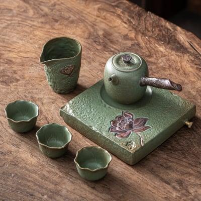 Japanisches Lotus Side Grip Kung Fu Teapot Set - 6 Stück | Ein Topf und drei Tassen mit Tray