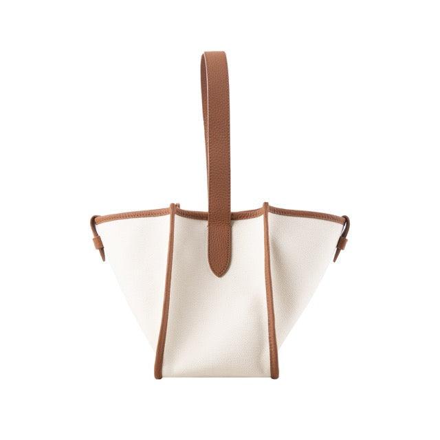 KOJII - Quadratgroße Tote-Tasche in Leder & Canvas Braun & Weiß