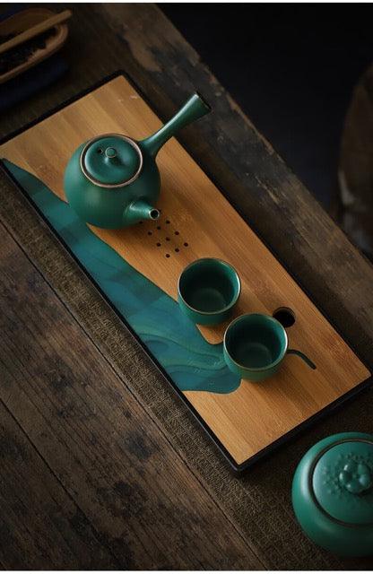 Japanisches Dark Grün Side Grip Teapot Set - 5 Stück | Ein Topf und zwei Tassen mit Tray
