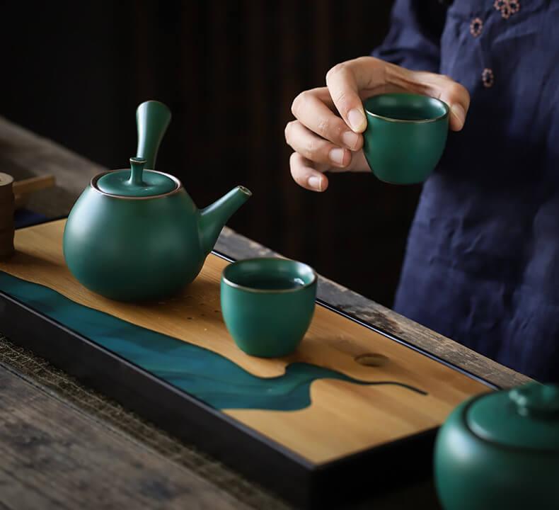Japanisches Dark Grün Side Grip Teapot Set - 5 Stück | Ein Topf und zwei Tassen mit Tray