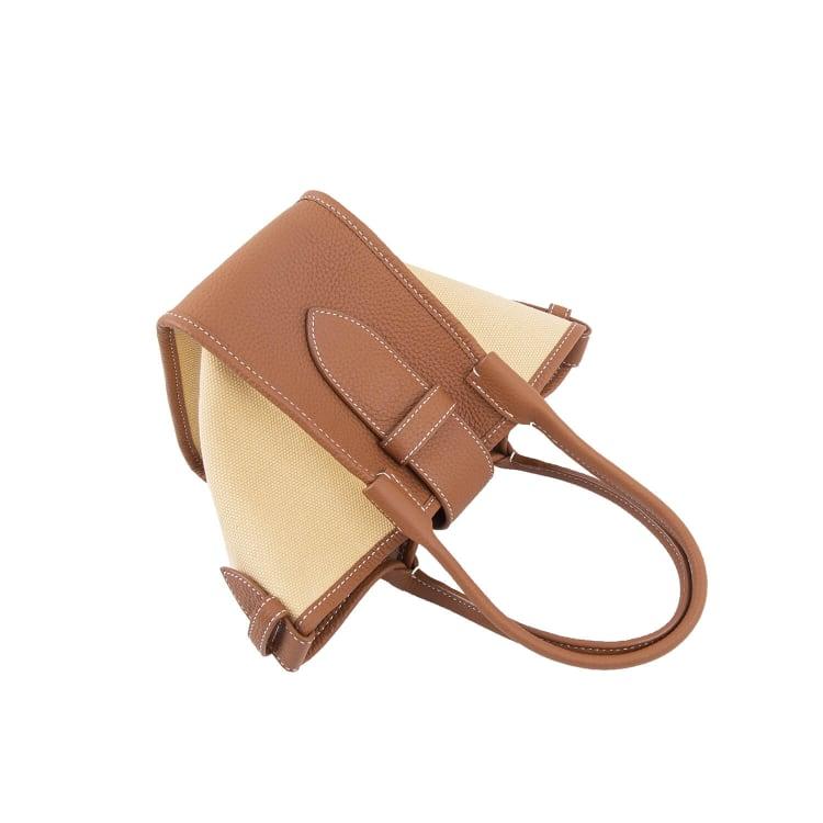 Mini Braun Zweihand-Canvas und Full Grain Cow Leather Square Swing Bag