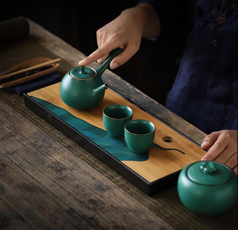 Japanisches Dark Grün Side Grip Teapot Set - 5 Stück | Ein Topf und zwei Tassen mit Tray