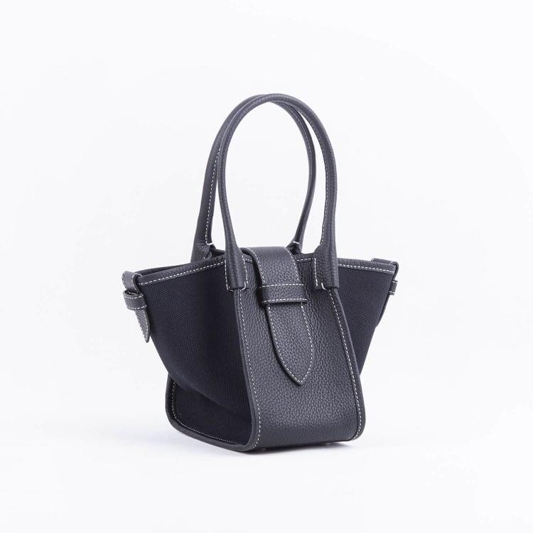 Mini Schwarz & Schwarz Zweihand-Canvas und Full Grain Cow Leather Square Swing Bag
