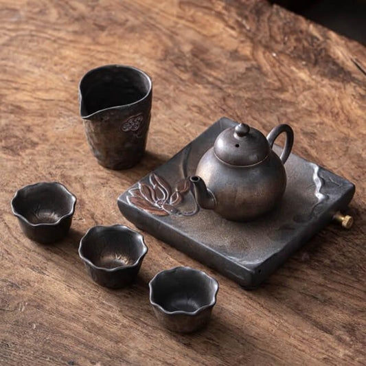 Japanisches Early Lotus Pear Teapot Set - 6 Stück | Ein Topf und drei Tassen mit Tray