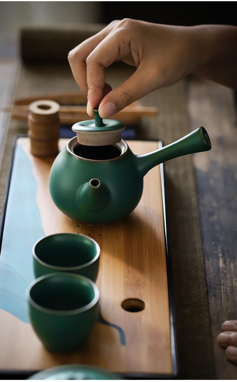 Japanisches Dark Grün Side Grip Teapot Set - 5 Stück | Ein Topf und zwei Tassen mit Tray