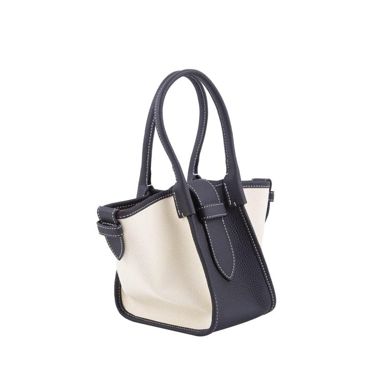 Mini Schwarz & Weiß Zweihand-Canvas und Full Grain Cow Leather Square Swing Bag