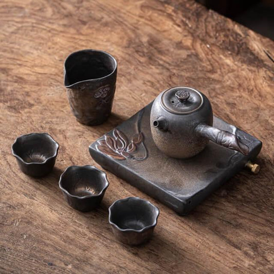 Japanisches Early Lotus Side Grip Kung Fu Teapot Set - 6 Stück | Ein Topf und drei Tassen mit Tray