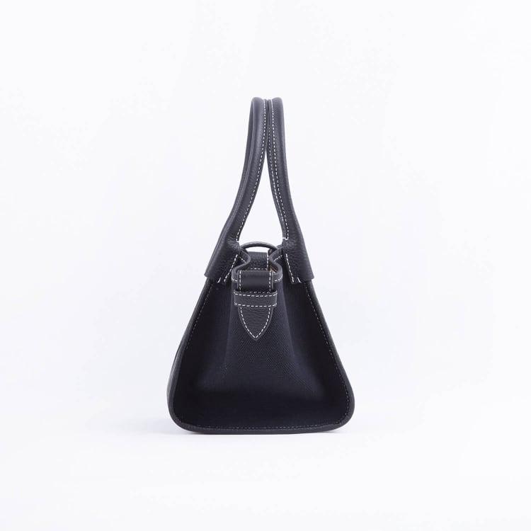 Mini Schwarz & Schwarz Zweihand-Canvas und Full Grain Cow Leather Square Swing Bag