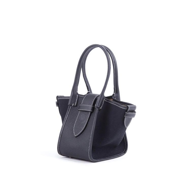 Mini Schwarz & Schwarz Zweihand-Canvas und Full Grain Cow Leather Square Swing Bag