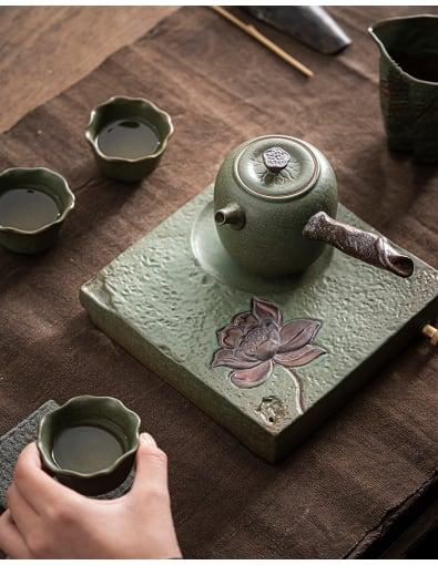 Japanisches Lotus Side Grip Kung Fu Teapot Set - 6 Stück | Ein Topf und drei Tassen mit Tray