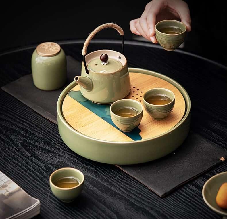 Japanische Bambus-Grüne Teekanne mit Balken - 7 Stück | Ein Topf und vier Tassen mit Tray