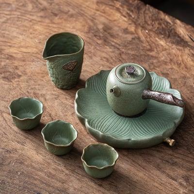 Japanisches Petal Side Grip Kung Fu Teapot Set - 6 Stück | Ein Topf und drei Tassen mit Tray