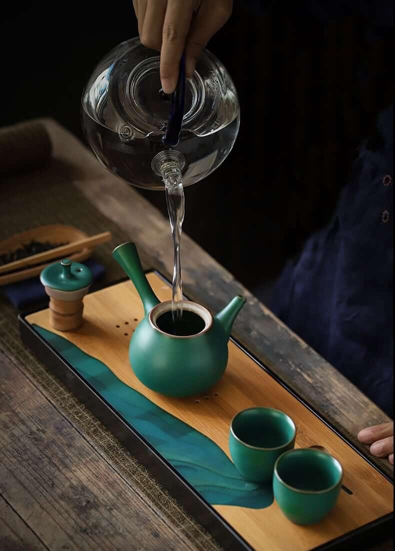 Japanisches Dark Grün Side Grip Teapot Set - 5 Stück | Ein Topf und zwei Tassen mit Tray