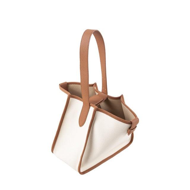 KOJII - Quadratgroße Tote-Tasche in Leder & Canvas Braun & Weiß