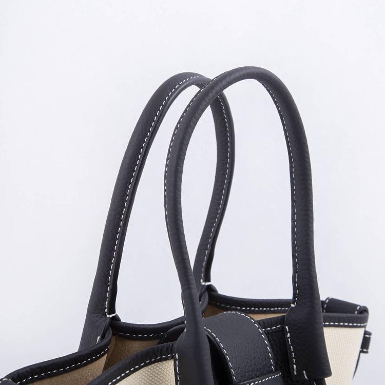 Mini Schwarz & Weiß Zweihand-Canvas und Full Grain Cow Leather Square Swing Bag