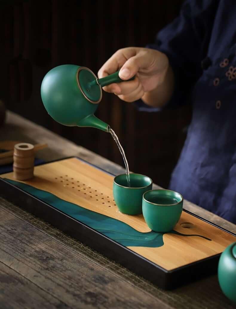 Japanisches Dark Grün Side Grip Teapot Set - 5 Stück | Ein Topf und zwei Tassen mit Tray