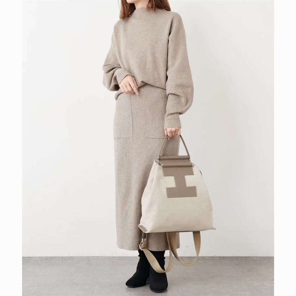 INA - Variety Tragetasche in Leder & Canvas Khaki