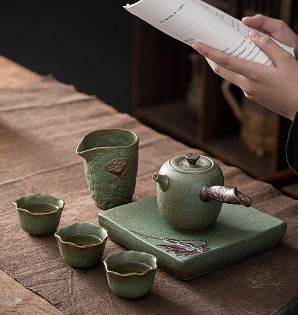 Japanisches Early Lotus Side Grip Kung Fu Teapot Set - 6 Stück | Ein Topf und drei Tassen mit Tray