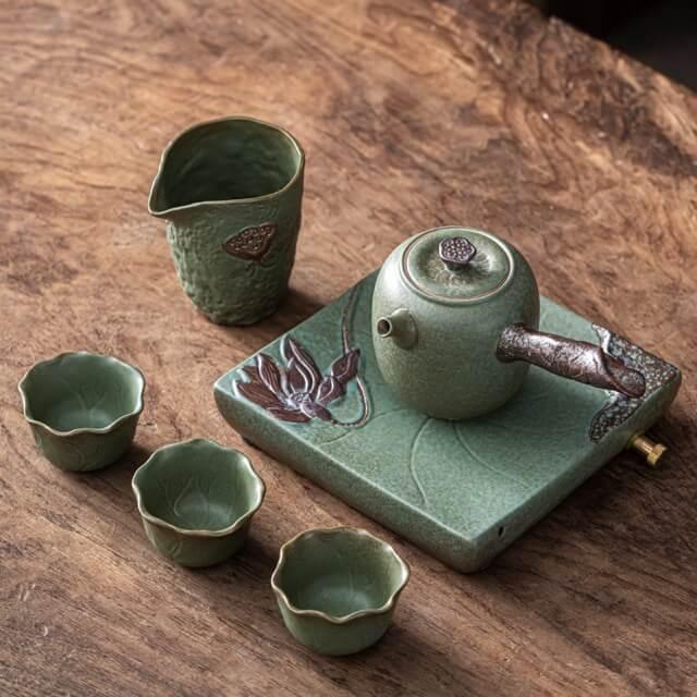Japanisches Early Lotus Side Grip Kung Fu Teapot Set - 6 Stück | Ein Topf und drei Tassen mit Tray