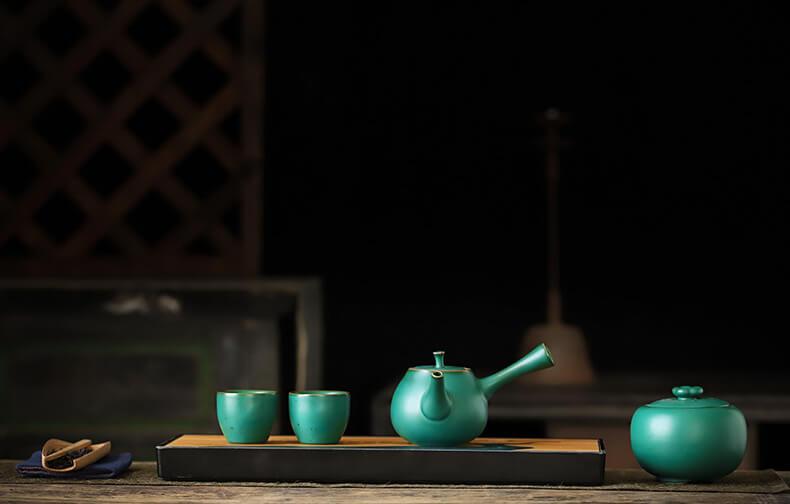 Japanisches Dark Grün Side Grip Teapot Set - 5 Stück | Ein Topf und zwei Tassen mit Tray