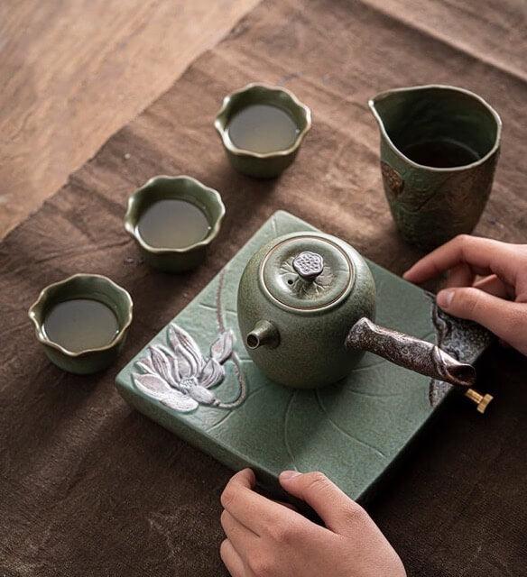 Japanisches Early Lotus Side Grip Kung Fu Teapot Set - 6 Stück | Ein Topf und drei Tassen mit Tray