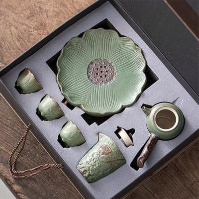 Japanisches Petal Side Grip Kung Fu Teapot Set - 6 Stück | Ein Topf und drei Tassen mit Tray