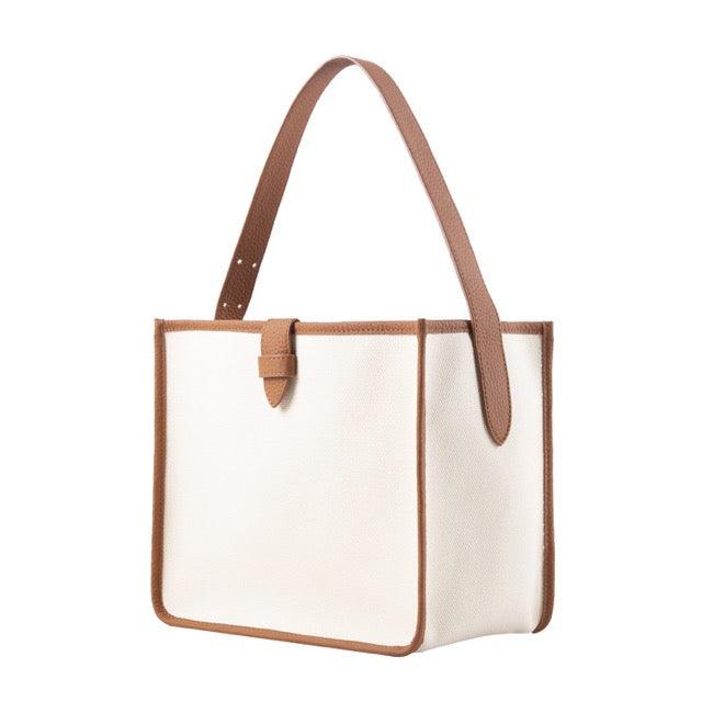 KOJII - Quadratgroße Tote-Tasche in Leder & Canvas Braun & Weiß