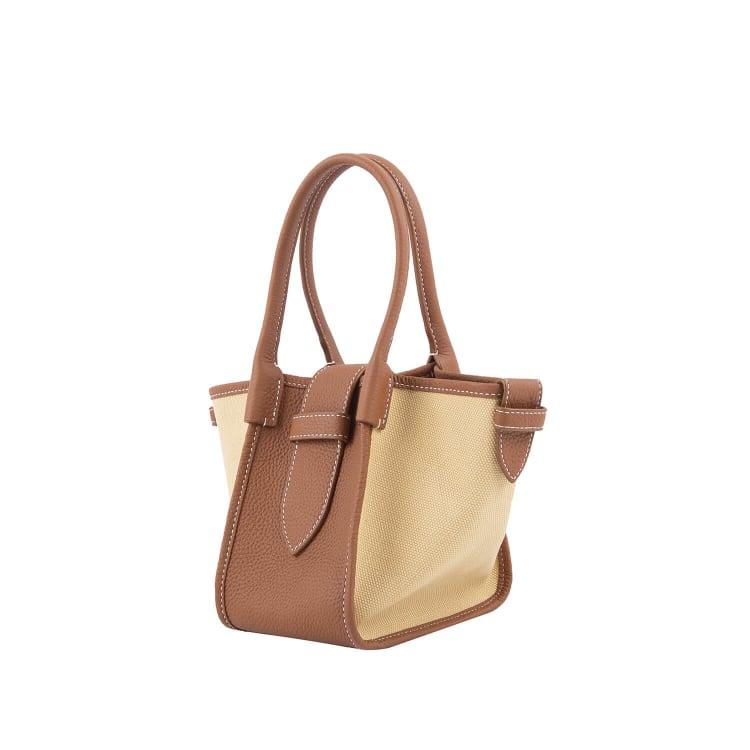 Mini Braun Zweihand-Canvas und Full Grain Cow Leather Square Swing Bag