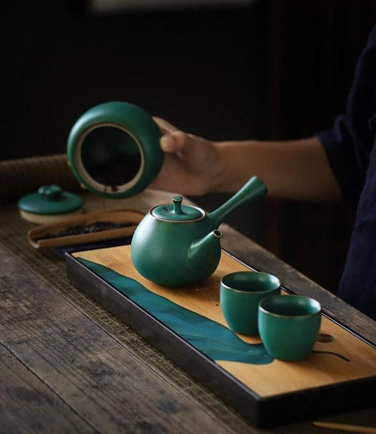 Japanisches Dark Grün Side Grip Teapot Set - 5 Stück | Ein Topf und zwei Tassen mit Tray