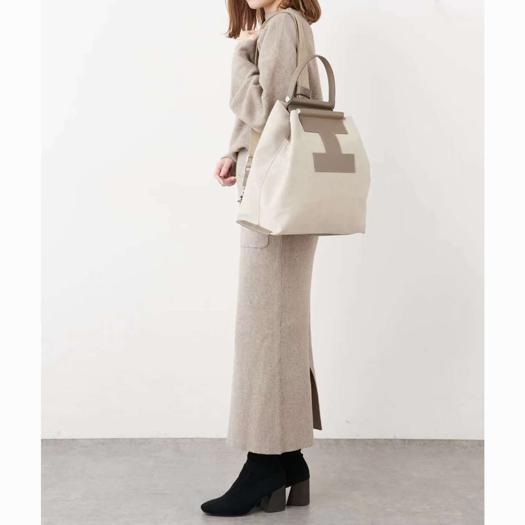 INA - Variety Tragetasche in Leder & Canvas Khaki