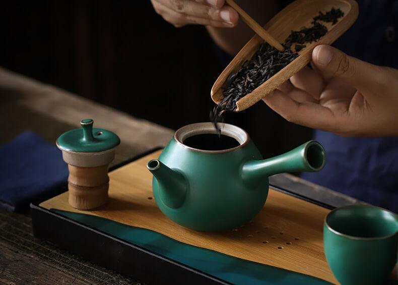 Japanisches Dark Grün Side Grip Teapot Set - 5 Stück | Ein Topf und zwei Tassen mit Tray