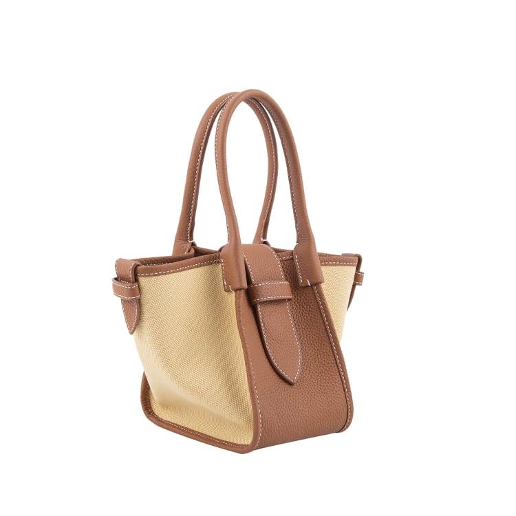 Mini Braun Zweihand-Canvas und Full Grain Cow Leather Square Swing Bag