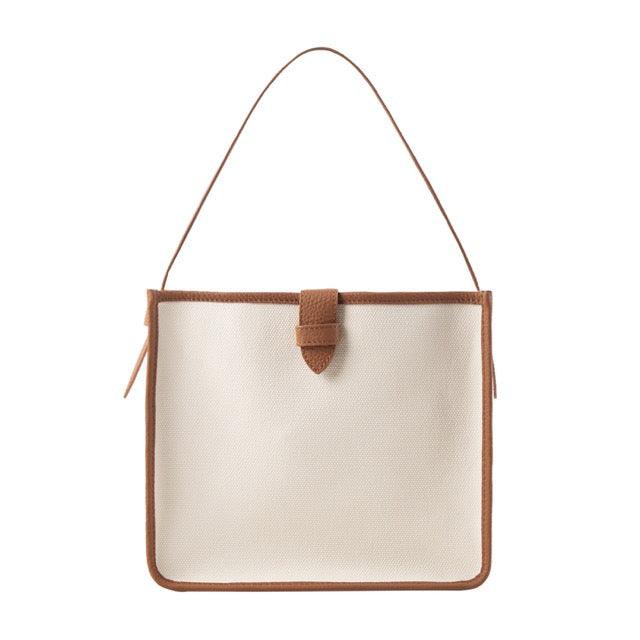 KOJII - Quadratgroße Tote-Tasche in Leder & Canvas Braun & Weiß