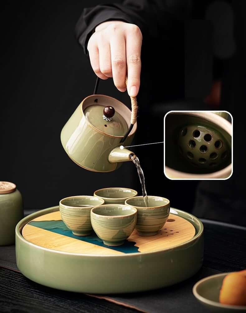 Japanische Bambus-Grüne Teekanne mit Balken - 7 Stück | Ein Topf und vier Tassen mit Tray