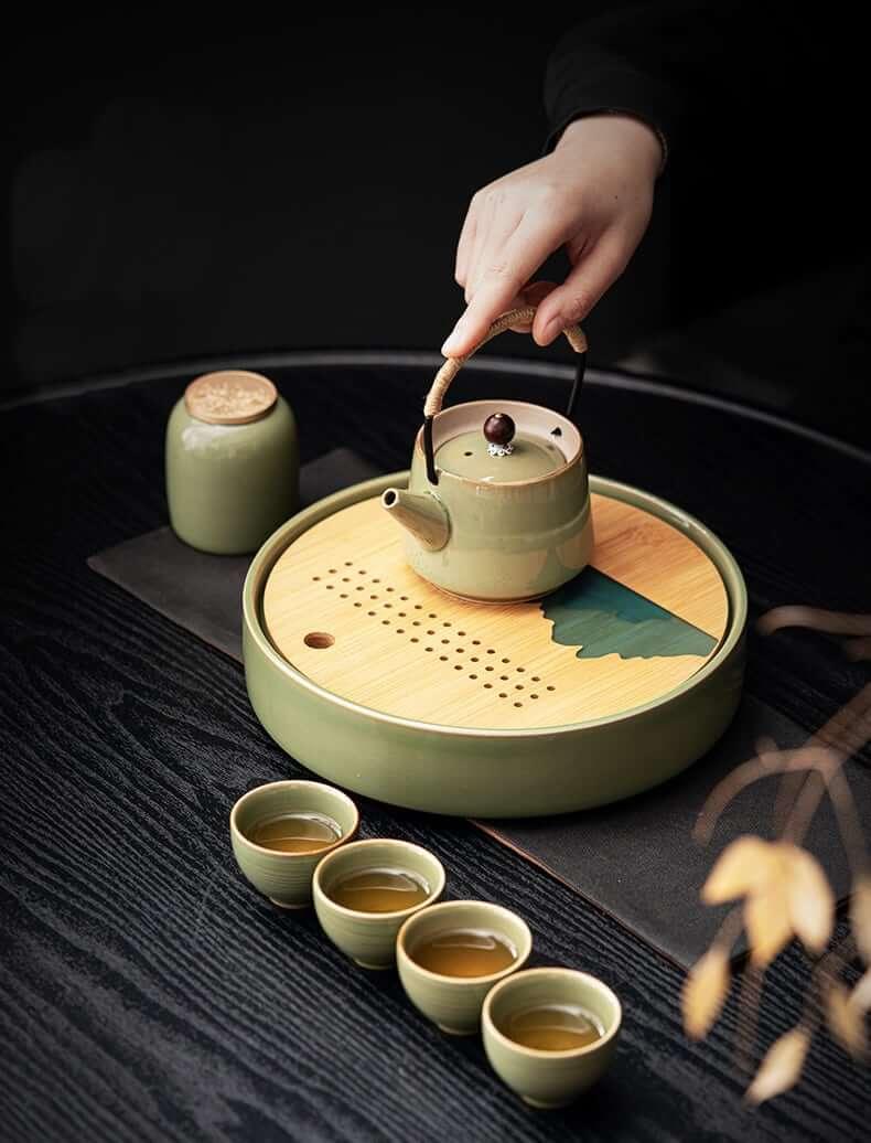 Japanische Bambus-Grüne Teekanne mit Balken - 7 Stück | Ein Topf und vier Tassen mit Tray