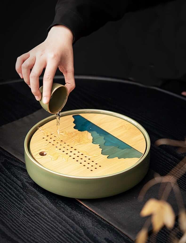 Japanische Bambus-Grüne Teekanne mit Balken - 7 Stück | Ein Topf und vier Tassen mit Tray