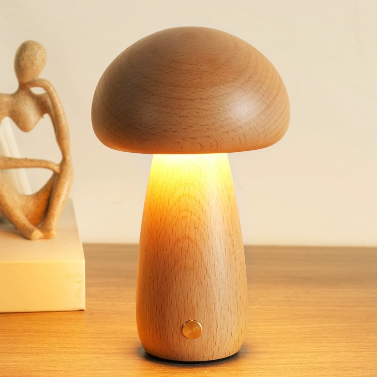 Massivholzpilz-Tischlampe - USB-wiederaufladbare LED-Schnurlos-Tischlampe