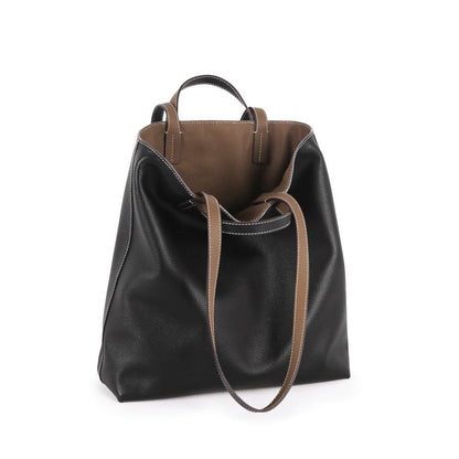 Schwarz & Khaki Doppelseitige Vollkorn-Kuh-Leder große Kapazität Tragetasche | Handtasche | Schultertasche