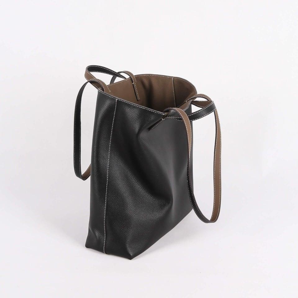 Schwarz & Khaki Doppelseitige Vollkorn-Kuh-Leder große Kapazität Tragetasche | Handtasche | Schultertasche