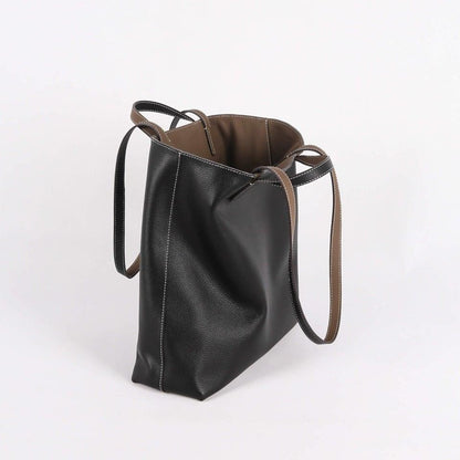 Schwarz & Khaki Doppelseitige Vollkorn-Kuh-Leder große Kapazität Tragetasche | Handtasche | Schultertasche