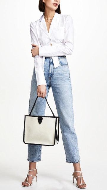KOJII - Quadratgroße Tote-Tasche in Leder & Canvas Schwarz & Weiß