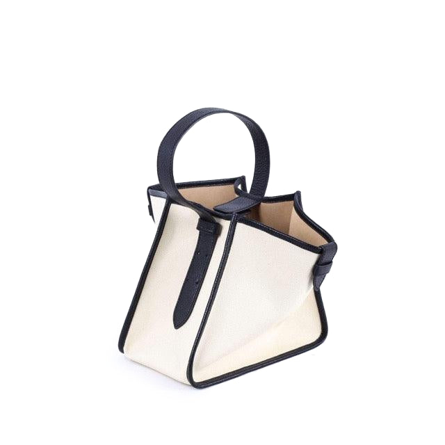 KOJII - Quadratgroße Tote-Tasche in Leder & Canvas Schwarz & Weiß