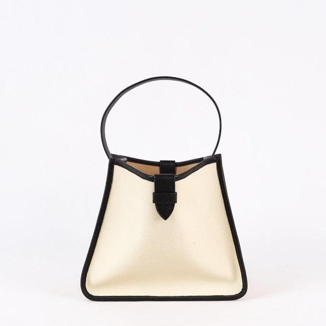 KOJII - Quadratgroße Tote-Tasche in Leder & Canvas Schwarz & Weiß