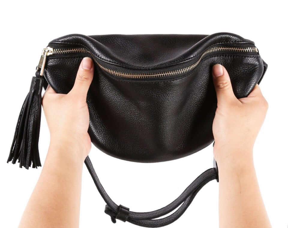 Schwarz Top Grain Cow Leather Fanny Packung | Anti-Diebstahl-Körpertasche