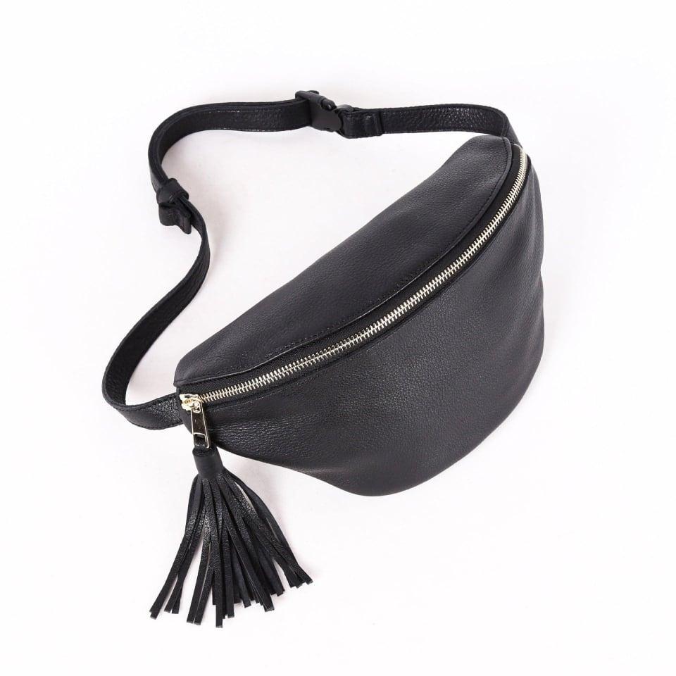 Schwarz Top Grain Cow Leather Fanny Packung | Anti-Diebstahl-Körpertasche